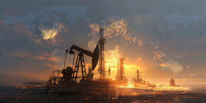 Oil rigs silhouetted against fiery sunset with world map overlay, symbolizing global energy trade and geopolitics. scene evokes sense of industrial power and environmental impact