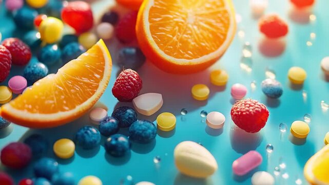 Vibrant mix of fruits and candies on blue surface.