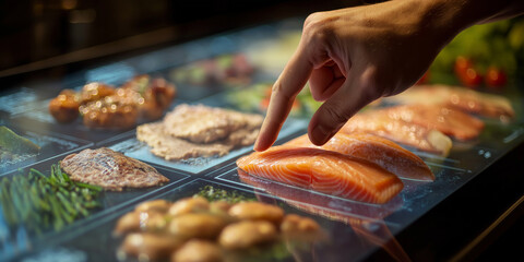 Person selecting fresh salmon from digital display showcasing various protein options, including chicken and beef, modern market setting. scene conveys sense of healthy eating and technology