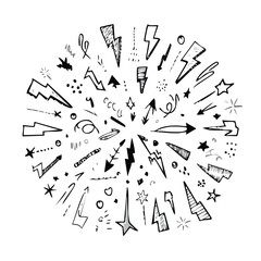 Hand drawn black and white lightning bolts arrows and stars arranged in a circle doodle