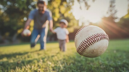 Father and son playing baseball at a park with baseball in foreground