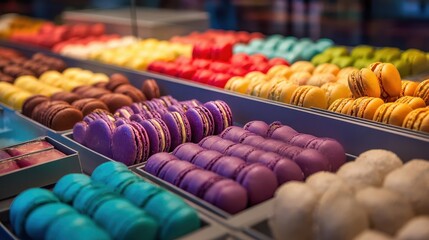 Colorful macarons displayed in rows in a shop.