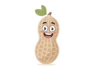 Happy cartoon peanut character with a leaf