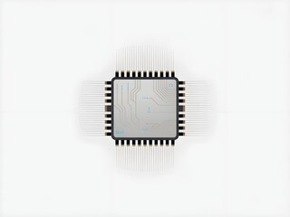 Close up of a square integrated circuit with many pins on a white background