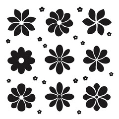 Black floral motifs on white background with varied petal designs flower pattern