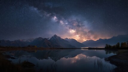 Milky Way Over Mountain Range Reflected in Calm Lake