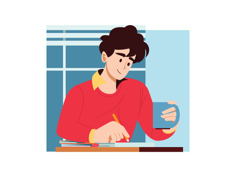 Man Writing on Notepad and Holding a Cup of Coffee