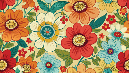 Fototapeta premium Retro floral pattern with red orange blue and yellow flowers on cream background vintage