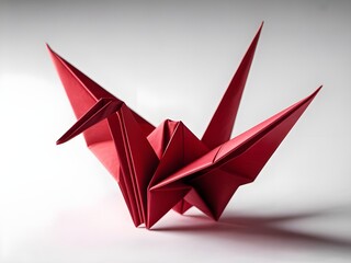 Vibrant red origami crane sculpture on a light gray background