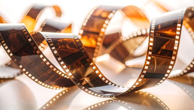 Close-up of developed film swirling on a reflective surface, illuminated by soft light