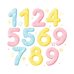 Obraz premium Pastel colored numbers one through nine with scribbled texture and stars vector