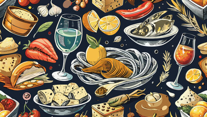 Assortment of delicious food and drinks with fresh ingredients and garnishes vector
