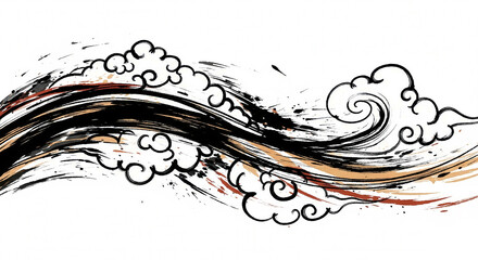 Japanese ink wash style illustration of dynamic clouds and waves with abstract brush strokes on a white background