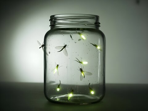Fireflies glowing inside a glass jar at night