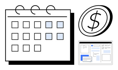 Calendar emphasizing marked deadlines, bold dollar icon, and a digital interface screen. Ideal for scheduling, budgeting, deadlines, payment planning, task management finance reminders. Simple flat