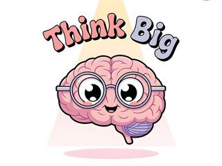 Cute cartoon brain wearing glasses with think big text