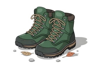 Pair of green lace up hiking boots on a white background