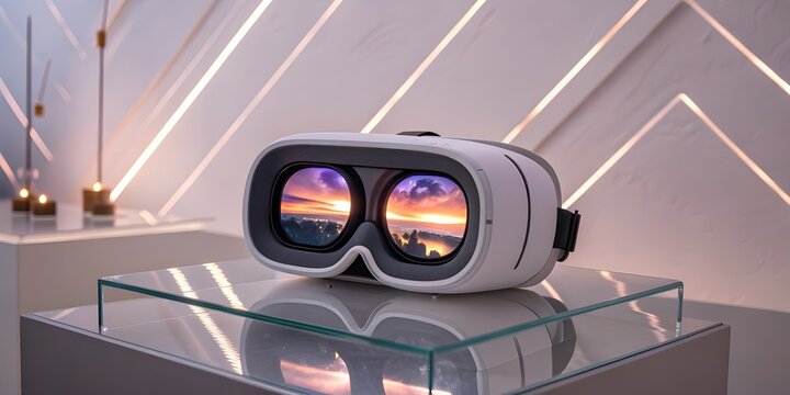 Virtual reality headset displaying a vibrant sunset over a city skyline