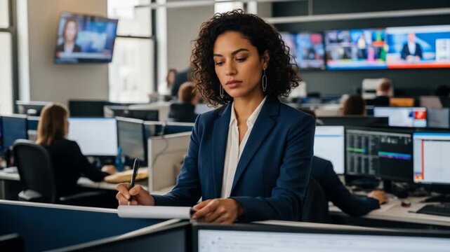 Focused Newsroom Journalist Taking Notes Amidst Busy Broadcast Environment