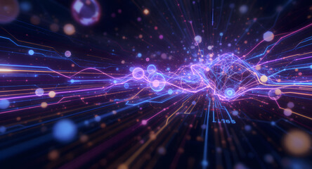 Vibrant Digital Light Flow: Abstract Network of Glowing Orbs and Energy Trails