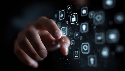 A hand interacts with a digital interface