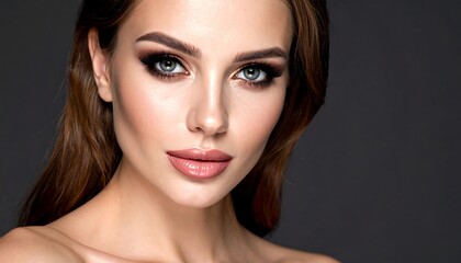 Fototapeta premium Close-up portrait of a woman with styled hair and makeup, against a dark background