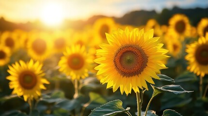 Fototapeta premium Sunflower field at dawn, a vibrant display of nature's beauty, golden hues