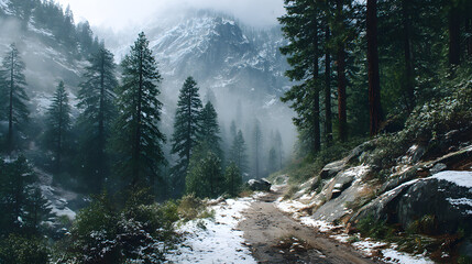 Obraz premium Snowy trail between pine trees and foggy mountains