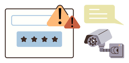 Login screen with password field, warning icons, security camera, and message bubble. Ideal for privacy, data protection, surveillance, risk management, information security breach alerts simple © robu_s