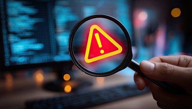 Magnifying glass focusing on a warning symbol over computer code