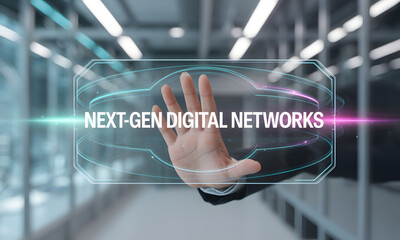 Next-Gen Digital Networks Concept: Hand Interacting with Futuristic Holographic Interface