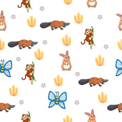 Fototapeta premium Cute wild animals seamless pattern for baby shower decor, nursery print, kindergarteen wallpaper, fabric, and textile. Vector illustration