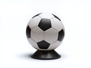 Front view shot of a soccer ball on a kicking tee with studio shadows on a clean white background.