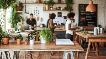 Natural light illuminates a modern plant filled co working space with diverse people working at wooden desks
