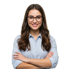 Smiling young woman with long wavy brown hair wearing glasses and a light blue collared shirt with arms crossed isolated on transparent background