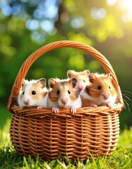 Cute hamsters in a basket outdoors