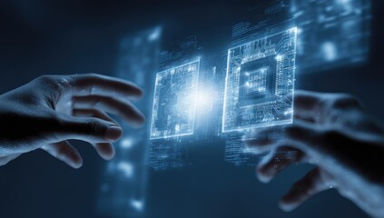 Hands interacting with holographic circuit boards in a dark environment