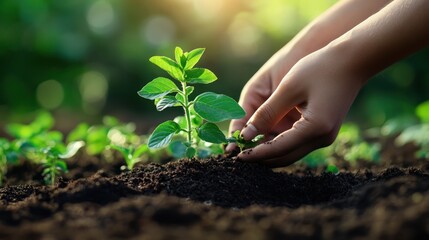 Hands planting a small green sapling in the dark fertile soil of garden