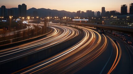 Long exposure of a multi lane highway at dusk with bright vehicle light trails City buildings and mountains frame the