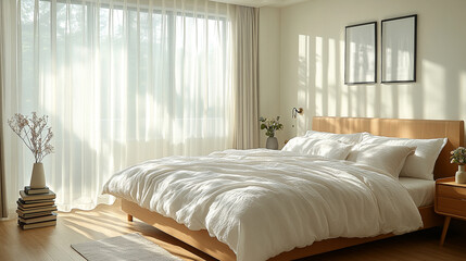 Minimalist bedroom with cream bedding and morning sunlight, peaceful aesthetic interior design.