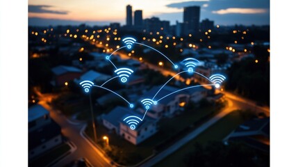 Overhead twilight cityscape featuring illuminated buildings and an overlay of glowing blue WiFi network icons