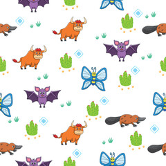 Obraz premium Cute wild animals seamless pattern for baby shower decor, nursery print, kindergarteen wallpaper, fabric, and textile. Vector illustration