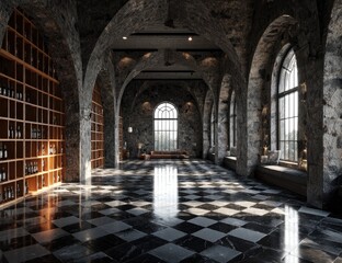 Obraz premium Grand stone hall with arched windows