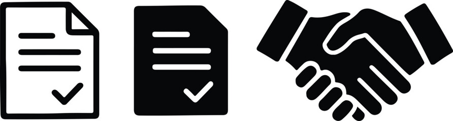 Set of Hand and Document Icons with Checkmark and Handshake Symbols. Agreement and Partnership Contract Signed, Deal Done.
