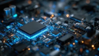 Close-up of a circuit board with a central processor