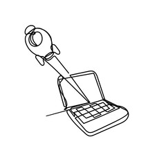 continuous line drawing rocket launch from laptop illustration