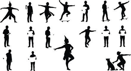 Silhouette vector illustration of people skateboarding, dancing, walking, reading, exercising, standing, dog training, yoga pose, black flat characters in dynamic movement pack