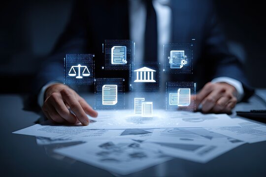 Businessman reviewing documents with digital legal icons