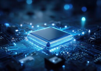 Close-up of a glowing blue computer chip on a circuit board