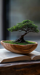 A small wooden bowl containing green grass and a miniature bonsai tree is carefully placed on top of an open book with visible pages.